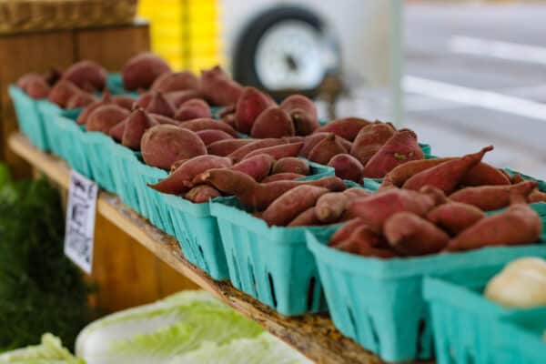 sweet potatoes at farmers market