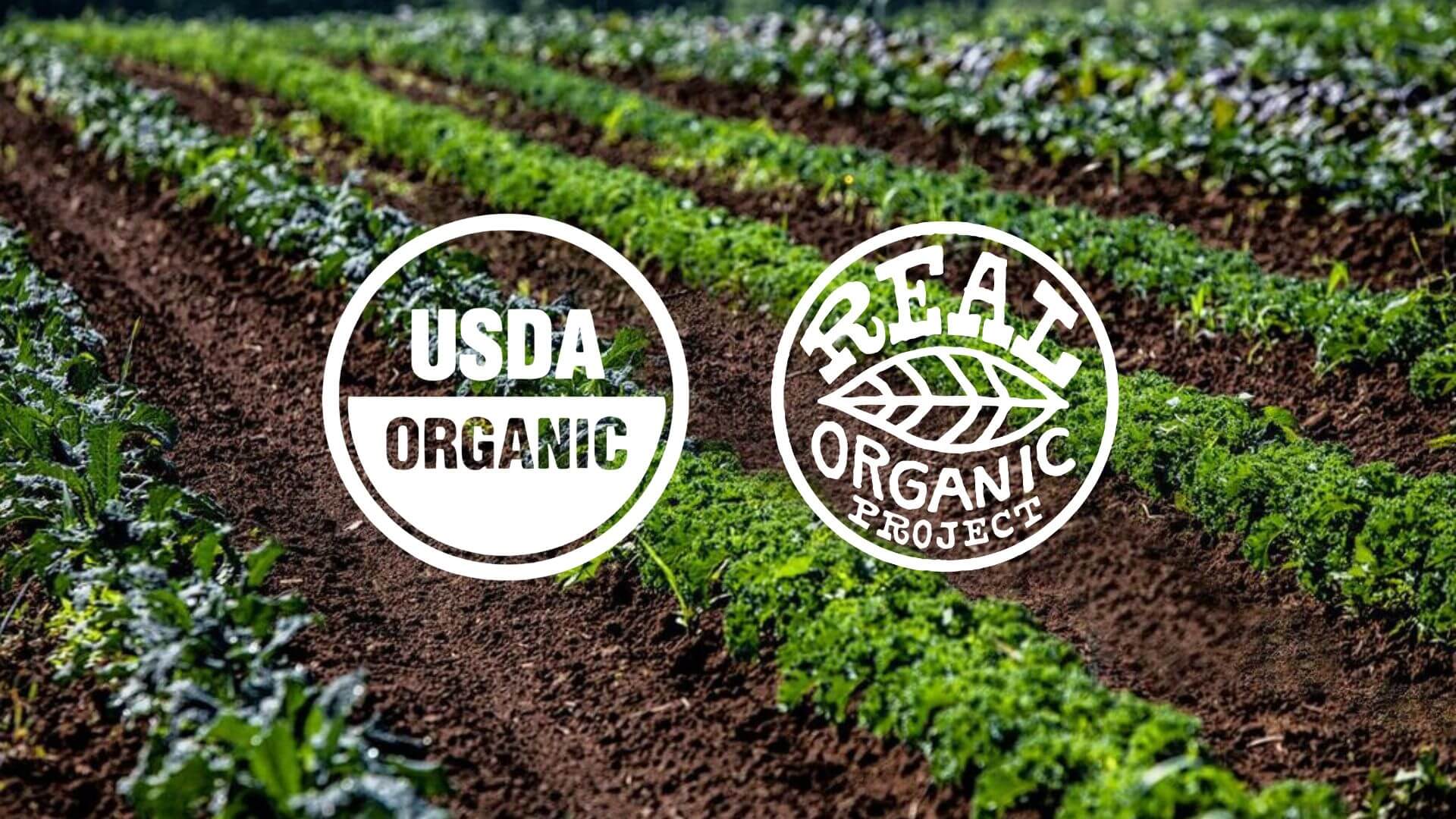 The USDA Organic Seal and the Real Organic Project Seal against a row of crops.