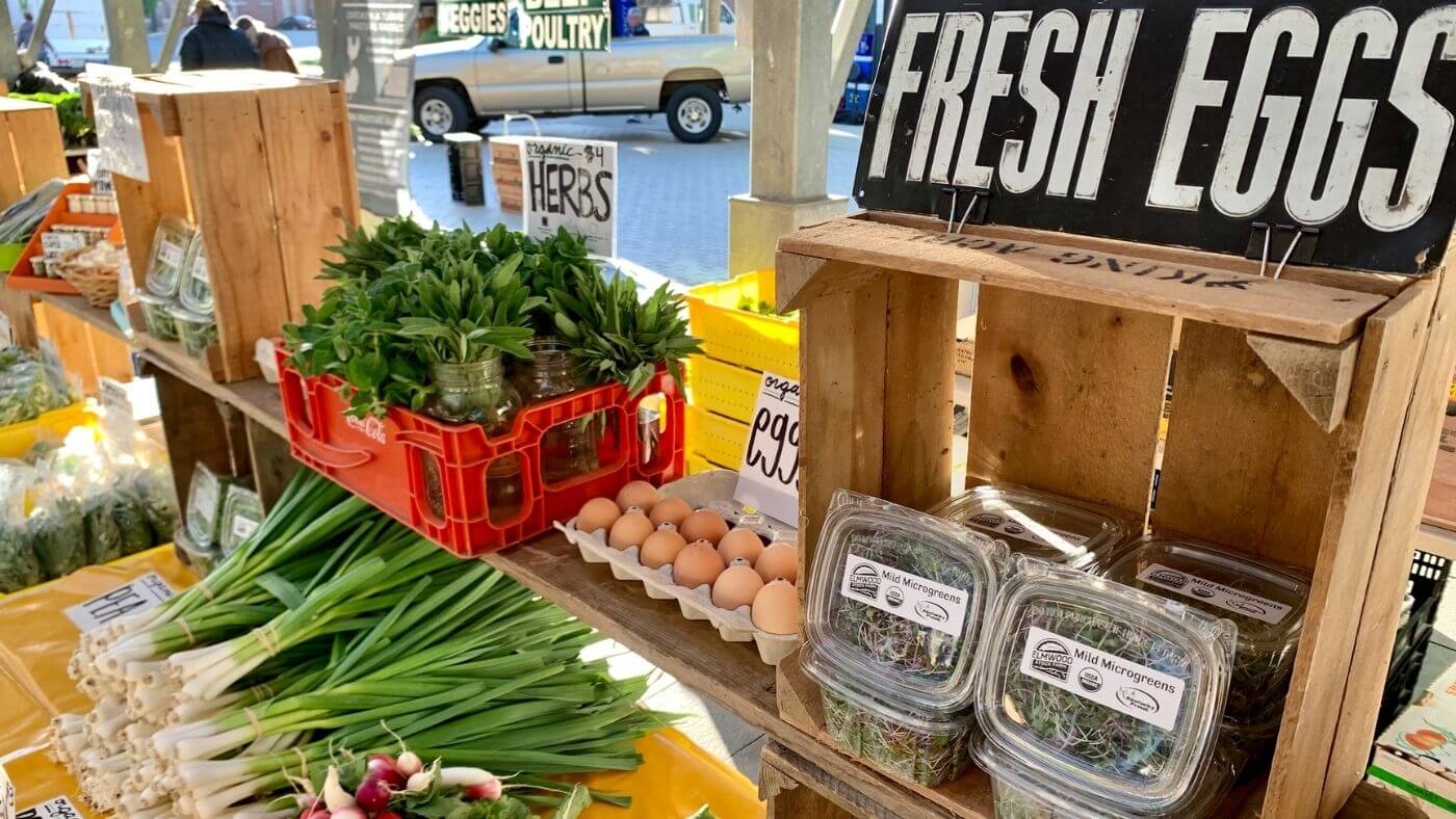 Colorful fresh produce stand with eggs, herbs, garlic, microgreens and mroe.